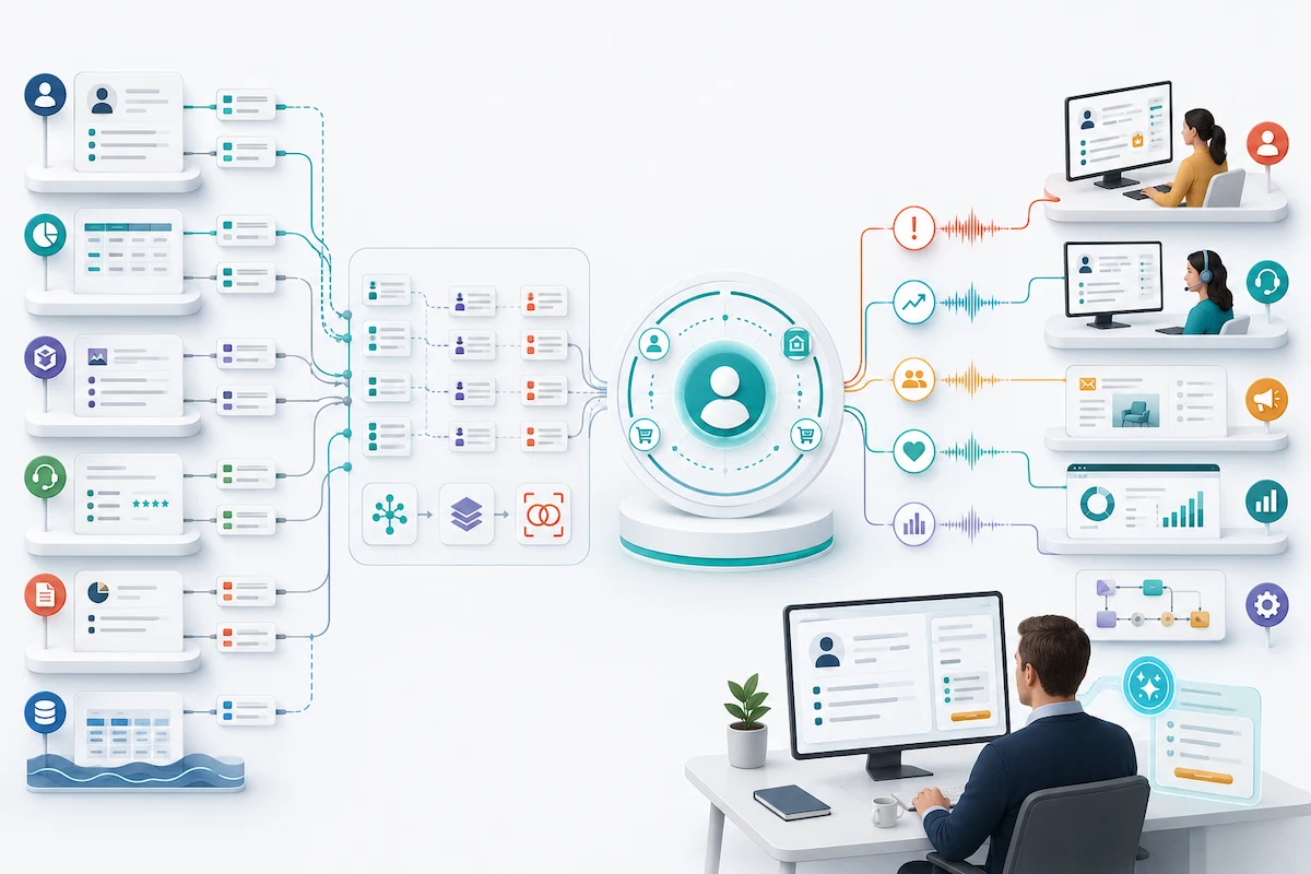 Diagram showing information being connected, matched into unified profiles, turned into signals, and activated in Salesforce workflows and AI.