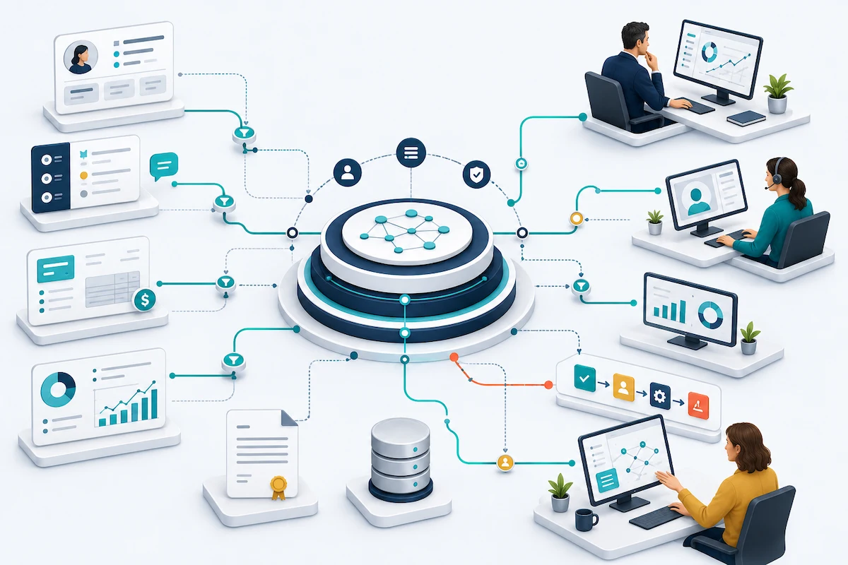 Illustration of Salesforce Data 360 connecting customer and operational data across sales, service, marketing, analytics, automation, and AI.