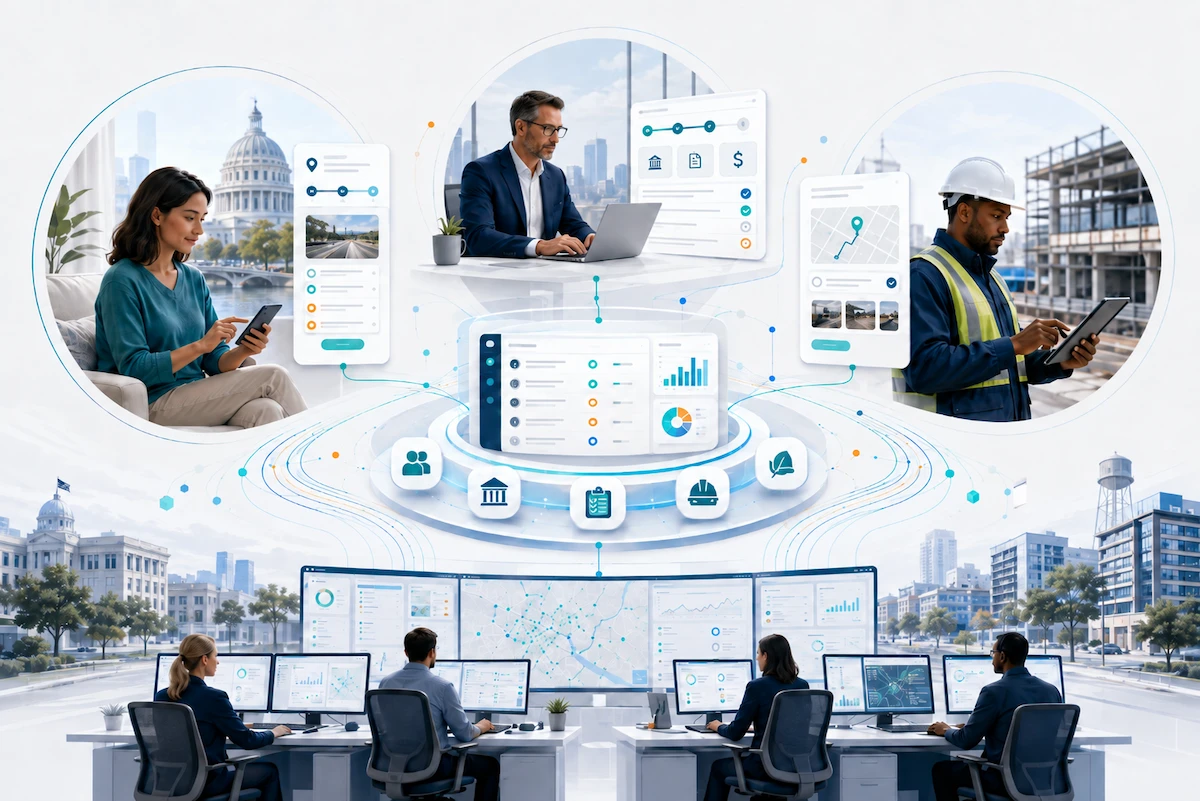 Illustration of connected state and local government services linking residents, businesses, field employees, agency teams, workflows, and data.