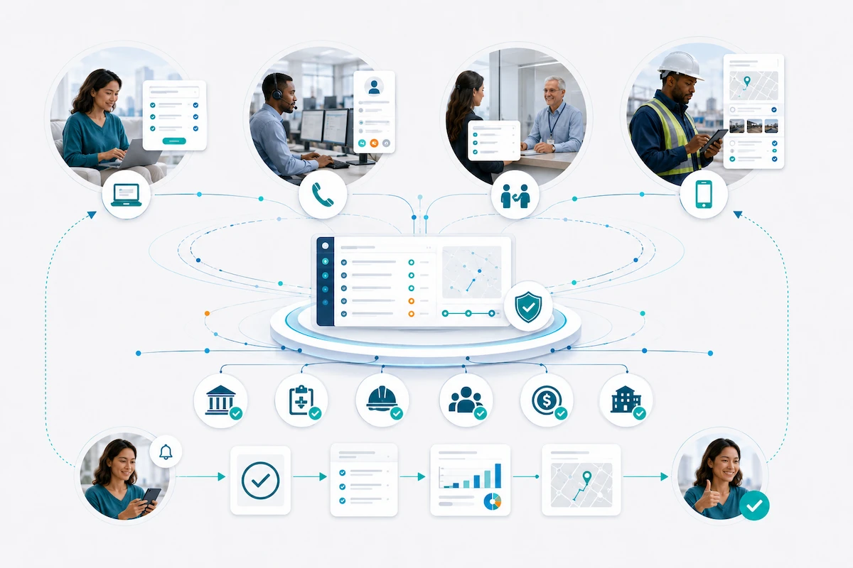 Government service delivery illustration showing online, phone, in-person, and field interactions connected to agency departments, workflows, and resolution.