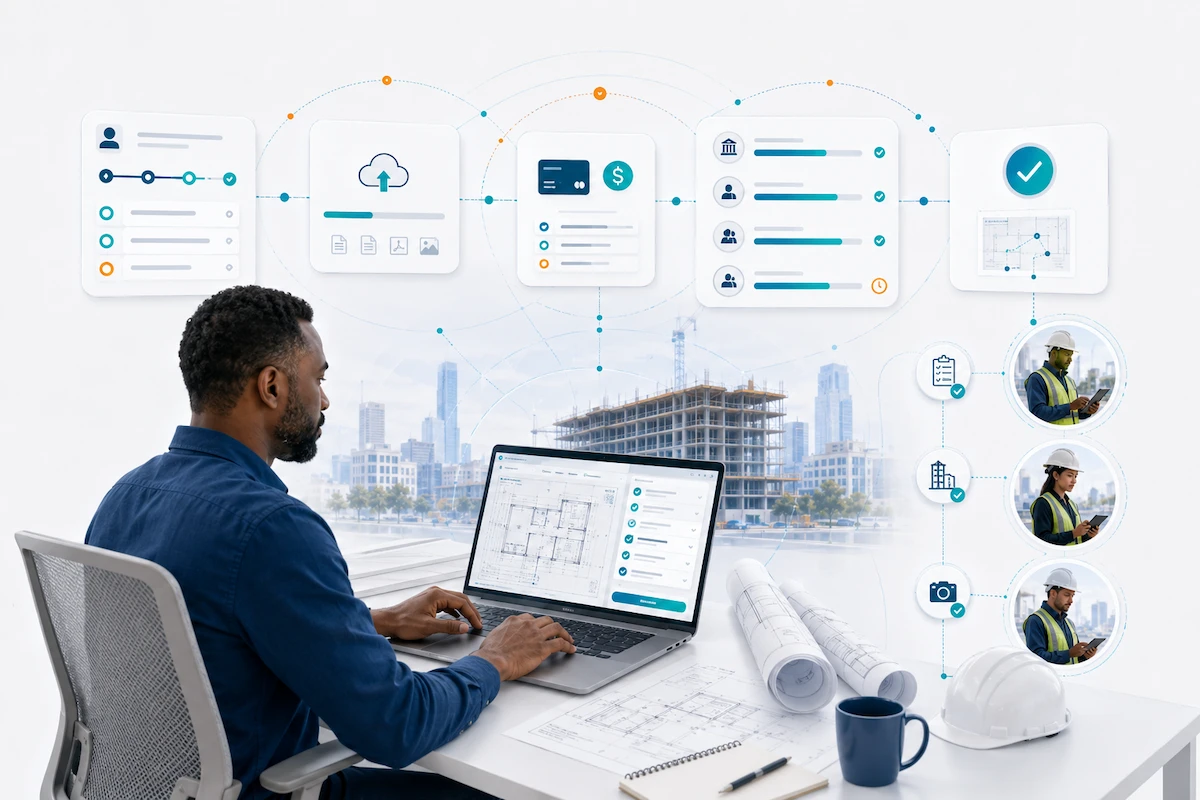 Contractor using a digital permitting process that connects application intake, documents, fees, agency reviews, approvals, and inspections.