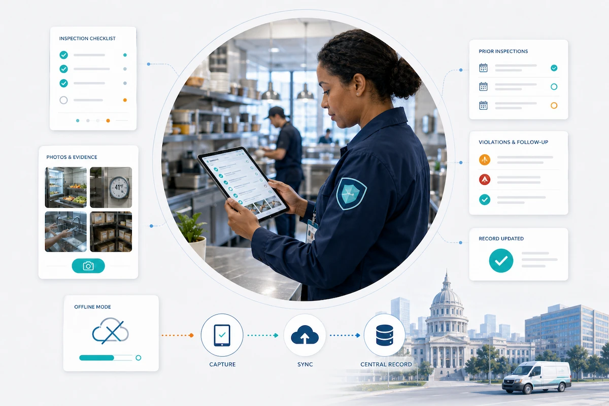 Environmental health inspector using a tablet to review inspection history, complete a checklist, capture evidence, document violations, and synchronize field data.