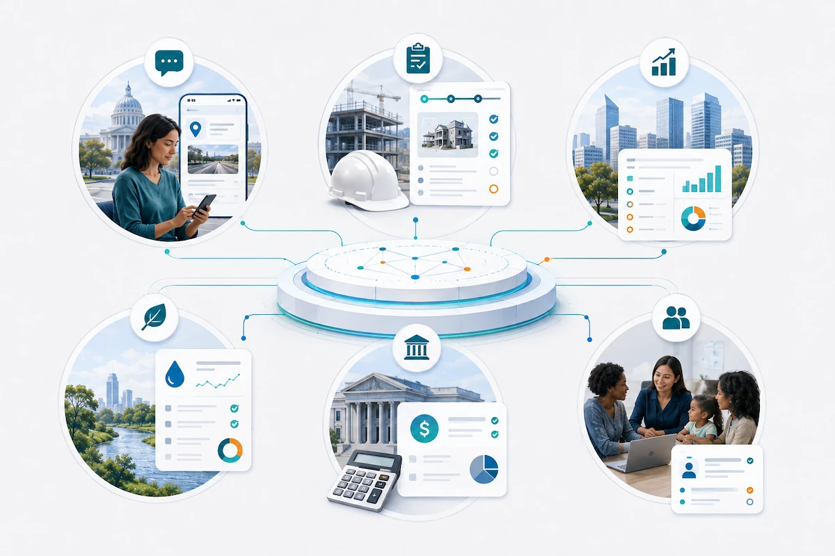 Cases for State and Local Government Illustration of six Salesforce government use cases: 311, permitting and inspections, economic development, environmental health, grants management, and case management.